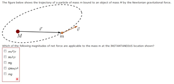 The figure below shows the trajectory of a particle of mass m bound to an object of mass M by the Newtonian gravitational force.
M
mg
T
X
m
Which of the following magnitudes of net force are applicable to the mass m at the INSTANTANEOUS location shown?
mv²/r
Mv²/r
Mg
GMm/r²
V