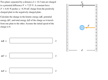 Two plates separated by a distance d = 14.3 mm are charged
to a potential difference V = 7.25 V. A constant force
F = 6.81 N pushes a -8.30 mC charge from the positively
charged plate to the negatively charged plate.
Calculate the change in the kinetic energy AK, potential
energy AU, and total energy AE of the charge as it travels
from one plate to the other. Assume the initial speed of the
charge is 0.
AK =
AU =
AE=
J
J
J
T
I
I
I
I
I
I
I
I
I
T
T
I
V.
d
F
+
+
+
+
+
+
+
+
+
+
+
+