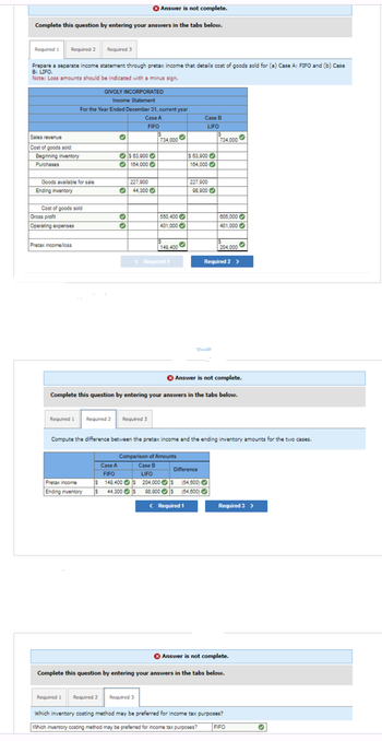 Complete this question by entering your answers in the tabs below.
Required 1 Required 2
Sales revenue
Cost of goods sold:
Prepare a separate income statement through pretax income that details cost of goods sold for (a) Case A: FIFO and (b) Case
B: LIFO.
Note: Loss amounts should be indicated with a minus sign.
Beginning inventory
Purchases
Goods available for sale
Ending inventory
Cost of goods sold
Gross profit
Operating expenses
Pretax income/loss
Required 3
Required 1
For the Year Ended December 31, current year
Case A
FIFO
GIVOLY INCORPORATED
Income Statement
Required 2
✔
✔$ 63,900✔
164,000✔
Case A
FIFO
3
››
Answer is not complete.
♥
227,900
44,300
Required 3
S
734,000
550,400
401,000
149,400
< Required 1
Required 1 Required 2 Required 3
♥
Comparison of Amounts
Case B
LIFO
Case B
LIFO
$ 63,900✔
164,000✔
227,900
> Answer is not complete.
Complete this question by entering your answers in the tabs below.
98,900✔
>
Difference
734,000
Compute the difference between the pretax income and the ending inventory amounts for the two cases.
Pretax income
$ 149,400 S 204,000 S (54,600)
Ending inventory $ 44,300 S 98,900 $ (54,600) ✔
< Required 1
805,000
401,000
204,000
Required 2 >
Required 3 >
> Answer is not complete.
Complete this question by entering your answers in the tabs below.
Which inventory costing method may be preferred for income tax purposes?
Which inventory costing method may be preferred for income tax purposes?
FIFO