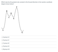 Which step has the greatest rate constant in the forward direction in the reaction coordinate
diagram shown below?
F
В
C
E
A
G
A going to C
E going to C
O C going to E
E going to G
B going to D
