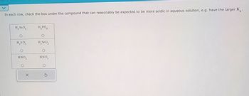 In each row, check the box under the compound that can reasonably be expected to be more acidic in aqueous solution, e.g. have the larger K.
H₁ASO
Н3РО4
O
H₂SO3
H₂SeO3
O
HNO3
HNO₂
G