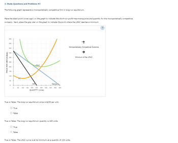 3. Study Questions and Problems #3
The following graph represents a monopolistically competitive firm in long-run equilibrium.
Place the black point (cross sign) on the graph to indicate the short-run profit-maximizing price and quantity for this monopolistically competitive
company. Next, place the grey star on the graph to indicate the point where the LRAC reaches a minimum.
PRICE PER UNIT (Dollars)
500
450
400
350
300
250
200
150
100
50
MC
0
+
0
50
100
LRAC
MR
Demand
150 200 250 300 350 400 450 500
QUANTITY (Units)
True or False: The long-run equilibrium price is $235 per unit.
True
False
True or False: The long-run equilibrium quantity is 185 units.
True
O False
True or False: The LRAC curve is at its minimum at a quantity of 100 units.
Monopolistically Competitive Outcome
Minimum of the LRAC
?