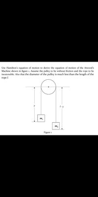 Use Hamilton's equation of motion to derive the equation of motion of the Atwood's
Machine shown in figure 1. Assume the pulley to be without friction and the rope to be
inextensible. Also that the diameter of the pulley is much less than the length of the
rope I.
1-y
т,
т,
Figure 1
