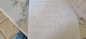 ## Arrow Pushing in Chemical Reactions

### Question 4

Analyze the arrow pushing mechanism for the following reactions:

#### Part a:

1. **Structure Sequence**:
   - A cyclohexanol derivative with a substituent undergoes a reaction sequence. 
   - Initially, dehydration occurs to form a carbocation.
   - Water adds to the carbocation, forming a new alcohol.
   - This process is reversible.

2. **Key Steps**:
   - **Carbocation Formation**: Involves the loss of a water molecule, resulting in a stable carbocation.
   - **Rearrangement**: Methyl or hydride shifts may occur to form a more stable carbocation.
   - **Reiteration of Steps**: The reaction is reversible with water acting as a nucleophile, converting the carbocation back to an alcohol.

3. **Notes**:
   - *Annotations highlight potential rearrangements and unstable intermediates such as carbocations.*

#### Part b:

1. **Reaction Overview**:
   - A linear chain with a terminal halide reacts with sodium amide (NaNH₂).
   - The resulting product is an ether in a cyclic structure, alongside sodium chloride.

2. **Mechanism**:
   - **Intermolecular SN2 Reaction**: The amide acts as a nucleophile.
   - **Cyclization**: The negatively charged intermediate facilitates the formation of a six-membered ring.

3. **Notes**:
   - *Annotations suggest optimization between a 5 or 6-membered ring formation for stability.*

### Diagram Explanation

- **Structural Representations**: Molecular structures are depicted with arrows indicating electron movement during reactions.
- **Rearrangements**: Highlighted adjustments in electron distribution to achieve more stable configurations.
  
This explanation supports understanding complex organic mechanisms, with detailed focus on electron flow and structural rearrangements.