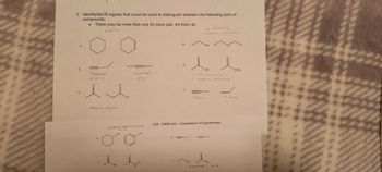 A.
2. Identify/list IR signals that could be used to distinguish between the following pairs of
compounds;
C.
E.
AI
There may be more than one for each pair, list them all.
Csp²-n
Terminal
CECIN
i
Alkone Atrech
G.
다
NH₂
Alkene double Lored
C = C
Internal
CEC
OH
OH
B.
H.
D.
F.
OH
On-streching
Alkane strecking
OH
OH
он Антесийсида
Alkane streching
CSN-CHEM 241L- Experiment 4: IR Spectroscopy
Altyne
Canberryl
OH
OCH
Alkene
#
94