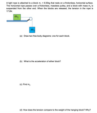 **Title: Understanding Tension and Motion in a Pulley System**

**Introduction:**

This problem involves a two-block system connected by a rope over a pulley, a classic physics scenario used to illustrate concepts of tension, force, and acceleration.

**Problem Statement:**

A light rope is attached to a block \( m_1 = 6.00 \, \text{kg} \) that rests on a frictionless, horizontal surface. The rope passes over a frictionless, massless pulley, and a block with mass \( m_2 \) is suspended from the other end. When the blocks are released, the tension in the rope is \( 17.0 \, \text{N} \).

**Diagram Explanation:**
  
- The diagram shows a horizontal surface with block \( m_1 \) on it. The rope is connected to block \( m_1 \), passes over a pulley, and is attached to block \( m_2 \) which is hanging vertically.

**Questions:**

**(a) Draw two free-body diagrams: one for each block.**

- **Block \( m_1 \):** Draw forces including the tension \( T \) from the rope acting horizontally, and the normal force and gravitational force acting vertically.
  
- **Block \( m_2 \):** Draw the gravitational force \( m_2 \cdot g \) acting downward and the tension \( T \) from the rope acting upward.

**(b) What is the acceleration of either block?**

- Here, use Newton’s second law \( F = m \cdot a \) to find the acceleration considering the forces and given tension.

**(c) Find \( m_2 \).**

- Apply the equations of motion to solve for the unknown mass \( m_2 \) using the given tension and calculated acceleration.

**(d) How does the tension compare to the weight of the hanging block? Why?**

- Discuss the relationship between tension in the rope and the gravitational force on \( m_2 \). Note that tension will differ from weight due to the system's acceleration.

By solving this problem, students will deepen their understanding of dynamics and the interplay of forces in a system involving pulleys.