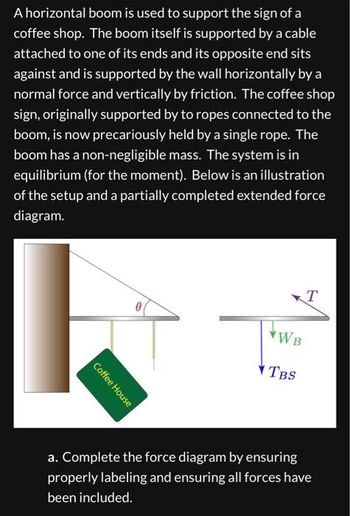 A horizontal boom is used to support the sign of a
coffee shop. The boom itself is supported by a cable
attached to one of its ends and its opposite end sits
against and is supported by the wall horizontally by a
normal force and vertically by friction. The coffee shop
sign, originally supported by to ropes connected to the
boom, is now precariously held by a single rope. The
boom has a non-negligible mass. The system is in
equilibrium (for the moment). Below is an illustration
of the setup and a partially completed extended force
diagram.
Coffee House
0
T
WB
TBS
a. Complete the force diagram by ensuring
properly labeling and ensuring all forces have
been included.