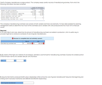 CanCo Company manufactures a single product. The company keeps careful records of manufacturing activities, from which the
following Information has been extracted:
Number of units produced
Cost of goods manufactured
Work-in-process inventory, beginning
Work-in-process inventory, ending
Direct materials cost per unit
Direct labour cost per unit
Manufacturing overhead cost, total
Manufacturing overhead cost
Y=
Level of Activity
March
The company's manufacturing overhead cost consists of both variable and fixed cost elements. To have data available for planning,
management wants to determine how much of the overhead cost is variable with units produced and how much of it is fixed per
month.
$
5,200
$260,800
31,000
53,000
Required:
1. For both March and June, determine the amount of manufacturing overhead cost added to production. (Hint: A useful way to
proceed might be to construct a schedule of cost of goods manufactured.)
Cost of goods manufactured
Answer is complete but not entirely correct.
July
March
X
9
11
?
July
9,400
$399,000
23,000
16,000
282,800 s
9
11
?
2. By means of the high-low method of cost analysis, estimate a cost formula for manufacturing overhead. Express the variable portion
of the formula in terms of a variable rate per unit of product.
392,000
3. Assume that CanCo produced 8,200 units in September. What will be the cost of goods manufactured? (Assume that beginning and
ending work-in-process Inventories were $18,100 and $10,100 respectively.)