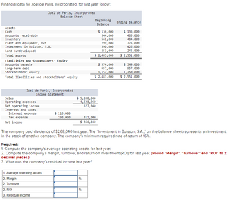 Financial data for Joel de Paris, Incorporated, for last year follow:
Joel de Paris, Incorporated
Balance Sheet
Assets
Cashi
Accounts receivable
Inventory
Plant and equipment, net
Investment in Buisson, S.A.
Land (undeveloped)
Total assets
Liabilities and Stockholders' Equity
Accounts payable
Long-term debt
Stockholders' equity
Total liabilities and stockholders' equity
Joel de Paris, Incorporated
Income Statement
Sales
Operating expenses
Net operating income
Interest and taxes:
Interest expense
Tax expense
Net income
$ 113,000
198,000
1. Average operating assets
2. Margin
2. Turnover
2. ROI
3. Residual income
Beginning
Balance
$ 5,208,000
4,530,960
677,040
561,000
799,000
390,000
253,000
$ 2,483,000
311,000
$ 366,040
%
$ 136,000
344,000
$ 374,000
957,000
1,152,000
$ 2,483,000
%
Ending Balance
The company paid dividends of $268,040 last year. The "Investment in Buisson, S.A.," on the balance sheet represents an investment
in the stock of another company. The company's minimum required rate of return of 15%.
$ 136,000
485,000
484,000
775,000
426,000
245,000
$ 2,551,000
Required:
1. Compute the company's average operating assets for last year.
2. Compute the company's margin, turnover, and return on investment (ROI) for last year. (Round "Margin", "Turnover" and "ROI" to 2
decimal places.)
3. What was the company's residual income last year?
$ 344,000
957,000
1,250,000
$ 2,551,000