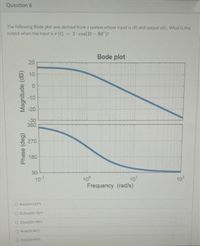 Question 6
The following Bode plot was derived from a system whose input is r(t) and output y(t). What is the
output when the input is r (t)
2. cos(2t – 90")?
%3D
Bode plot
20
10
-10
-20
-30
360
270
180
90
101
100
Frequency (rad/s)
10
102
O 8sin(2t+150)
O 0.2cos(2t+30)
O 12cos(21+90)
O 4cos(2t-90)
O 4cos(2t+90
Phase (deg)
Magnitude (dB)
