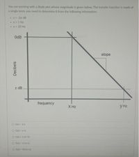 You are working with a Bode plot whose magnitude is given below. The transfer function is made of
a single term, you need to determine it from the following information.
•2- -26 dB
•X1 Hz
-y- 20 Hz
OdB
slope
z dB
frequency
X Hz
y Hz
G(s) - 1/s
Gis- s+1
O G) = 1/(s^2)
O Gi) - 1/s+1)
O Gi - 10/s+1)
Decibels
