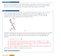 ### Tutorial Exercise

**Problem Statement:**
The eye of a hurricane passes over Grand Bahama Island in a direction 60.0° north of west with a speed of 38.5 km/h. Three hours later, the course of the hurricane suddenly shifts due north, and its speed slows to 23.5 km/h. How far from Grand Bahama is the hurricane 4.45 hours after it passes over the island?

### Step 1

**Assumptions and Diagram:**
Assume that the Grand Bahama Island lies at the origin of the coordinate system shown in the diagram below. 

- Vector \( \vec{A} \) represents the hurricane's displacement at 38.5 km/h.
- Vector \( \vec{B} \) represents its displacement after it shifts course three hours later and proceeds at a speed of 23.5 km/h.
- Vector \( \vec{R} \) represents the hurricane's displacement after a total time of 4.45 hours.

![Hurricane Path Diagram](image_url)

In the diagram:
- Vector \( \vec{A} \) has components to the west and to the north.
- Vector \( \vec{B} \) has only a north component.

During the first three hours after passing the island, the displacement of the hurricane is represented by vector \( \vec{A} \), and the storm travels a distance that is the magnitude of \( \vec{A} \). This distance is:

\[ A = v_1 \Delta t_1 = \]

\[ \] km/h \[ \] km

#### Error Messages:
- Your response differs from the correct answer by more than 100%. km/h \[ \] km
- Your response differs significantly from the correct answer. Rework your solution from the beginning and check each step carefully. \( h \) = \[ \] km
- Your response differs from the correct answer by more than 10%. Double check your calculations. km and the associated vector \( \vec{A} \) is in a direction 60.0° north of west.

**Note:**
The explanations and calculations here are structured to aid in problem-solving and conceptual understanding of vectors and their applications in real-world scenarios such as tracking hurricane paths.

### Need Help?
Read It (Hyperlink to further material or guidance)

(Note: Replace the placeholder image URL with the actual URL if the image is