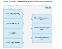 **Instructions:**

Compare the solubility of lead carbonate in each of the following aqueous solutions:

**Options for Solutions:**

1. 0.10 M Pb(CH₃COO)₂
2. 0.10 M (NH₄)₂CO₃
3. 0.10 M KNO₃
4. 0.10 M NH₄CH₃COO

**Categories for Solubility Comparison:**

- More soluble than in pure water.
- Similar solubility as in pure water.
- Less soluble than in pure water.

**Interactive Feature:**

- **Clear All** button: Resets the selections for re-evaluation.