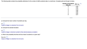 The following table contains the probability distribution for the number of traffic accidents daily in a small town. Complete parts (a) through (c) below.
Number of Accidents
Daily (X)
P(X=X₁)
0
0.30
1
0.32
2
0.19
3
0.08
4
0.06
5
0.04
6
0.01
a. Compute the mean number of accidents per day.
H =
(Type an integer or a decimal. Do not round.)
b. Compute the standard deviation.
0=
(Type an integer or decimal rounded to three decimal places as needed.)
c. What is the probability that there will be at least 2 accidents on a given day?
P(x ≥ 2) =
(Type an integer or a decimal. Do not round.)
