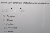 For this valve schematic, what is the center position type
O 1. No center
O 2. Floated
O 3. Locked
O 4. Pressurized
O 5. Vented
