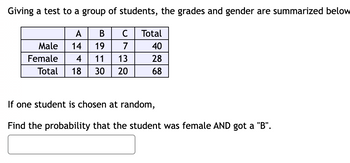 Giving a test to a group of students, the grades and gender are summarized below
A B
14
19
4
11 13
Total 18 30 20
Male
Female
C
7
Total
40
28
68
If one student is chosen at random,
Find the probability that the student was female AND got a "B".