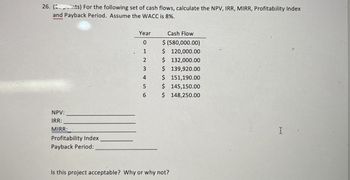 26. (ts) For the following set of cash flows, calculate the NPV, IRR, MIRR, Profitability Index
and Payback Period. Assume the WACC is 8%.
NPV:
IRR:
MIRR:
Profitability Index
Payback Period:
Year
Cash Flow
0
$ (580,000.00)
1
$ 120,000.00
2
$ 132,000.00
3
$ 139,920.00
4
$ 151,190.00
5
$ 145,150.00
6
$ 148,250.00
Is this project acceptable? Why or why not?
I