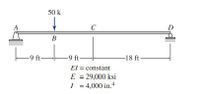 50 k
C
B
-9 ft
ft-
-9 ft-
-18 ft-
El = constant
E = 29,000 ksi
I = 4,000 in.4
%3D
