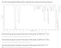 For the following InfraRed spectra, identify the existing functional groups.
75
70
66
60
40
10
3400
2600
2400
2200
1600
1400
1200
Waenumbers
Functional group A is present because of the peak at 3329 cm-1: A is
Functional group B is present because of the peak at 3076 cm-1: B is
Functional group C is present because of the peak at 2113 cm-1: C
is
STransmtance
1281.29
ut es
