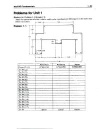 AutoCAD Fundamentals
1-89
Problems for Unit 1
Directions for Problems 1-I through 1-6:
Supply the appropriate ahsolute, relative, and/or polar coordinates for these figures in the matrix that
follows each object.
2.00
7.00
Problem 1-1
5
2.00
3
2
7,00
14
10
1.00
13
12
3.50
0.50,0.50
17
16
9
.
1.50
3.25
1.50
3.25
11.00
Relative
Polar
0.50,0.50
Absolute
0.50,0.50
From Pt (1)
To Pt (2)
To Pt (3)
To Pt (4)
To Pt (5)
To Pt (6)
To Pt (7)
To Pt (8)
To Pt (9)
To Pt (10)
To Pt (11)
To Pt (12)
To Pt (13)
To Pt (14)
0.50,0.50
To Pt (15)
To Pt (16)
To Pt (17)
To Pi
Enter
Enter
Enter
