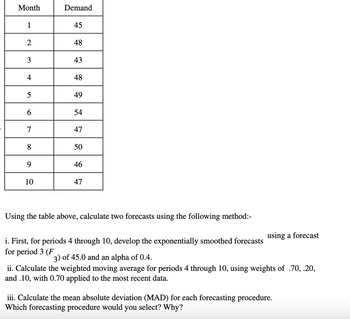 Month
Demand
1
45
2
48
3
43
4
48
5
49
6
54
7
47
8
50
9
46
10
47
Using the table above, calculate two forecasts using the following method:-
i. First, for periods 4 through 10, develop the exponentially smoothed forecasts
for period 3 (F
3) of 45.0 and an alpha of 0.4.
using a forecast
ii. Calculate the weighted moving average for periods 4 through 10, using weights of .70, .20,
and .10, with 0.70 applied to the most recent data.
iii. Calculate the mean absolute deviation (MAD) for each forecasting procedure.
Which forecasting procedure would you select? Why?