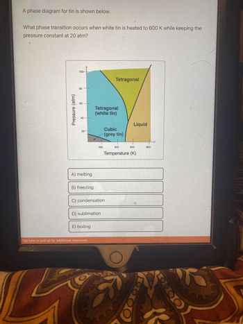 A phase diagram for tin is shown below.
What phase transition occurs when white tin is heated to 600 K while keeping the
pressure constant at 20 atm?
Pressure (atm)
100-
80
60
40-
20
A) melting
B) freezing
E) boiling
Tetragonal
(white tin)
200
D) sublimation
Tap here or pull up for additional resources
C) condensation
Tetragonal
Cubic
(grey tin)
400
600
Temperature (K)
M
Liquid
800
10000