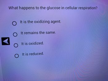 What happens to the glucose in cellular respiration?
O
O
It is the oxidizing agent.
It remains the same.
It is oxidized.
It is reduced.