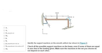 3 ft
100 lb
3 ft-
200 lb-ft
2 ft
000
Az
□ Ay
DO
000
NA along the rod
MA
B₂
By
Fa perpendicular to the rod
No perpendicular to the surface at B
MB
L.
Identify the support reactions on the smooth uniform bar shown in (Figure 2).
Check all the possible support reactions on the beam, even if some of them are equal
to zero due to the loading given. Make sure the reactions in the set you choose do
not depend on each other.