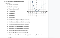 5+
1. Use the graph to answer the following
questions:
4+
a. What is the domain?
3-
b. What is the range?
2-
c. What are the zero(s)?
1-
d. Evaluate f(-2)
-4 -3 -2 1
1
2
3
4
e. Evaluate f(0)
-1
f. Evaluate f(1)
-2-
g. Evaluate f(2)
h. Give the interval(s) where f(x) is increasing.
i. Give the interval(s) where f(x) is decreasing.
j. Give the interval(s) where f(x) is constant.
k. Where does f(x) have a relative minimum?
1. Where does f(x) have a relative maximum?
m. Where is the absolute maximum of f(x)?
n. Where is the absolute minimum of f(x)?
o. Find a piecewise defined function for f(x) that accurately describes the
graph.
