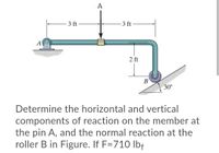 А
- 3 ft
- 3 ft
2 ft
30°
Determine the horizontal and vertical
components of reaction on the member at
the pin A, and the normal reaction at the
roller B in Figure. If F=710 Ilbf
