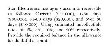 Star Electronics has aging accounts receivable
as follows: Current ($50,000), 1-30 days
($30,000), 31-60 days ($20,000), and over 60
days ($10,000). Using estimated uncollectible
rates of 1%, 5%, 10%, and 20% respectively,
Provide the required balance in the allowance
for doubtful accounts.