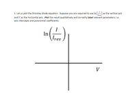 as the vertical axis
1. Let us plot the Shockley diode equation. Suppose you are required to use In
and V as the horizontal axis. Plot the result qualitatively and correctly label relevant parameters, i.e.
axis intercepts and polynomial coefficients.
In
Irev
V
