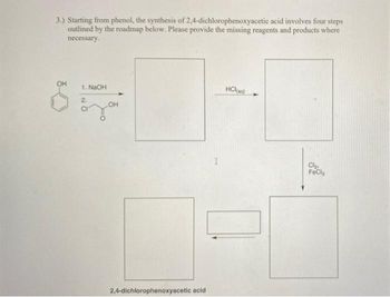 3.) Starting from phenol, the synthesis of 2,4-dichlorophenoxyacetic acid involves four steps
outlined by the roadmap below. Please provide the missing reagents and products where
necessary.
OH
1. NaOH
HCl(aq)
2
Cl₂
FeCla
OH
2,4-dichlorophenoxyacetic acid
I