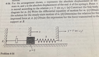 4-16. For the arrangement shown, x represents the absolute displacement of the
mass m, and y is the absolute displacement of the end A of the spring k. Point A
is moved according to the relation y = Y sin wt. (a) Construct the free-body
diagram for m. (b) Write the differential equation of motion for m. (c) Obtain
bont the solution for the steady-state motion of m. (d) Determine the relation for the
impressed force at A. (e) Obtain the expression for the force transmitted to the
motion.
%3D
support at B.
y = Y sin wet
k
B
Problem 4-16
