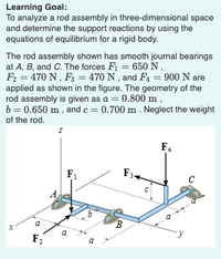 Learning Goal:
To analyze a rod assembly in three-dimensional space
and determine the support reactions by using the
equations of equilibrium for a rigid body.
The rod assembly shown has smooth journal bearings
at A, B, and C. The forces F1 = 650N,
F2 = 470 N , F3 = 470 N , and F4 = 900 N are
applied as shown in the figure. The geometry of the
rod assembly is given as a = 0.800 m,
b = 0.650 m , and c = 0.700 m . Neglect the weight
%3D
%3D
of the rod.
F4
F1
F3-
C
a
a
a
F2
a
