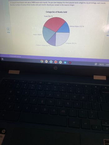 ale.
<
21-B Book Street Books sells about 5400 books each month. The ple chart displays the most popular book categories, by percentage, each month.
Find the number of science fiction books sold each month. Round your answer to the nearest Integer.
Prev
Ⓒ2022 Hawkes Learning
1
Z
2
W
S
X
#
3
e
C
C
Fiction 19.8 %
$
4
Children's Fiction 11.7%
%
L
V
5
DL
f
Categories of Books Sold
Travel 30.1%
t
b
6
y
h
hp
&
7
l
n
u
★
8
m
Computer 25.2%
O
i
Science Fiction 13.2%
N
k
(
9
O
alt
A
)
1
0
Р
>
:
O
?
40
+
21
Sep 16
1
}
Nex
2:02
8
backspace