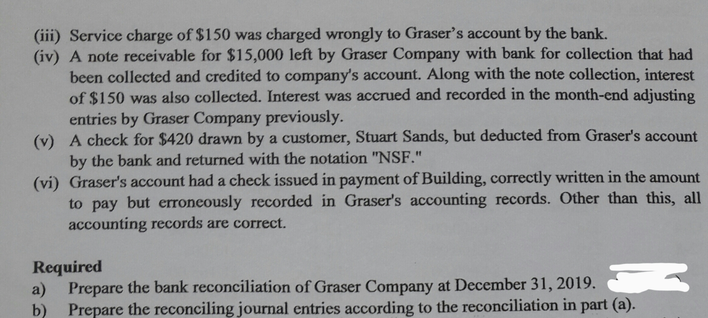 (iii) Service charge of $150 was charged wrongly to Graser's account by the bank.
(iv) A note receivable for $15,000 left by Graser Company with bank for collection that had
been collected and credited to company's account. Along with the note collection, interest
of $150 was also collected. Interest was accrued and recorded in the month-end adjusting
entries by Graser Company previously.
(v) A check for $420 drawn by a customer, Stuart Sands, but deducted from Graser's account
by the bank and returned with the notation "NSF."
(vi) Graser's account had a check issued in payment of Building, correctly written in the amount
to pay but erroneously recorded in Graser's accounting records. Other than this, all
accounting records are correct.
Required
a) Prepare the bank reconciliation of Graser Company at December 31, 2019.
Prepare the reconciling journal entries according to the reconciliation in part (a).
b)

