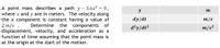 A point mass describes a path y - 3.6x2 = 0,
where x and y are in meters. The velocity along
the x component is constant having a value of
2 m/s
displacement, velocity, and acceleration as a
function of time assuming that the point mass is
at the origin at the start of the motion.
y
m
dy/dt
m/s
Determine the components of
d²y/dt?
m/s²
