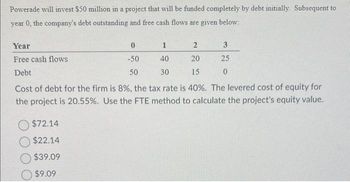 Powerade will invest $50 million in a project that will be funded completely by debt initially. Subsequent to
year 0, the company's debt outstanding and free cash flows are given below:
Year
Free cash flows
Debt
0
-50
50
$72.14
$22.14
$39.09
$9.09
1
40
30
2
20
15
Cost of debt for the firm is 8%, the tax rate is 40%. The levered cost of equity for
the project is 20.55%. Use the FTE method to calculate the project's equity value.
3
25
0