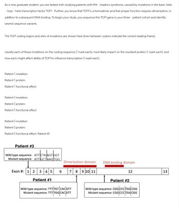 As a new graduate student, you are tasked with studying patients with Pitt - Hopkins syndrome, caused by mutations in the basic helix
-loop-helix transcription factor TCF4. Further, you know that TCF4 is a homodimer and that proper function requires dimerization, in
addition to subsequent DNA binding. To begin your study, you sequence the TCF4 gene in your three patient cohort and identify
several sequence variants.
The TCF4 coding region and sites of mutations are shown here (lines between codons indicate the correct reading frame).
classify each of these mutations on the coding sequence (1 mark each); most likely impact on the resultant protein (1 mark each); and
how each might affect ability of TCF4 to influence transcription (1 mark each).
Patient 1 mutation:
Patient 1 protein:
Patient 1 functional effect:
Patient 2 mutation:
Patient 2 protein:
Patient 2 functional effect:
Patient 3 mutation:
Patient 3 protein:
Patient 3 functional effect: Patient #3
Patient #3
CTA LAGT GGT
Wild type sequence: ATT CTA AGT GGT
Mutant sequence: ATT GCT AAG TGG
Dimerization domain
DNA binding domain
Exon #: 1 2 3 4 5
6
7 8 9 10 11
12
13
Patient #1
Patient #2
Wild type sequence: TTT TGT |CACGTT
Mutant sequence: TTT TGG CACGTT
TTTGG|CACGTT
Wild type sequence: CGG CCCTGGCGG
Mutant sequence: CGG|CCCTGACGG