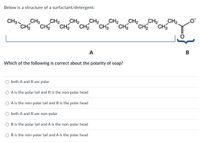 Below is a structure of a surfactant/detergent:
CH3-
CH2
CH2
CH2
CH "CHCH?
CH2
CH2CH2
CH2
CH "CH
CH
CH2
CH2
A
Which of the following is correct about the polarity of soap?
both A and B are polar
A is the polar tail and B is the non-polar head
O A is the non-polar tail and B is the polar head
both A and B are non-polar
B is the polar tail and A is the non-polar head
B is the non-polar tail and A is the polar head
