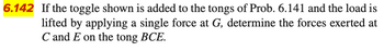 6.142 If the toggle shown is added to the tongs of Prob. 6.141 and the load is
lifted by applying a single force at G, determine the forces exerted at
C and E on the tong BCE.