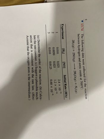 7.
13.74 The following data were collected for the reaction
between hydrogen and nitric oxide at 700°C:
Experiment
1
2
3
2H₂(g) + 2NO(g) →→ 2H₂O(g) + N₂(8)
curied out at 430°C
[H₂]
0.010
0.0050
0.010
[NO]
0.025
0.025
0.0125
Initial Rate (M/s)
2.4 x 10-6
1.2 × 10-6
0.60 × 10-6
(a) Determine the order of the reaction. (b) Calcu-
late the rate constant. (c) Suggest a plausible mech-
anism that is consistent with the rate law. (Hint:
Assume that the oxygen atom is the intermediate.)