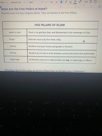 100%
BIUA
Normal text
Arial
18
- I 1 2
What Are the Five Pillars of Islam?
4
5
Muslims have five key religious duties. They are known as the Five Pillars.
FIVE PILLARS OF ISLAM
Belief in God
There is no god but God, and Muhammad is the messenger of God.
Prayer
Believers must pray five times a day.
Charity
Muslims must give money and goods to the poor.
Fasting
Muslims do not eat or drink between sunrise and sunset during Ramadan.
Pilgrimage
All Muslims must try to make at least one hajj, or pilgrimage, to Mecca.
3.Reading Check What effect do the Five Pillars have on the daily lives of Muslims?
%
