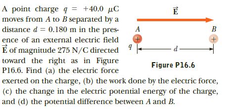 A point charge q = +40.0 µC
moves from A to B separated by a
distance d = 0.180 m in the pres-
A
B
ence of an external electric field
E of magnitude 275 N/C directed
toward the right as in Figure
P16.6. Find (a) the electric force
exerted on the charge, (b) the work done by the electric force,
(c) the change in the electric potential energy of the charge,
and (d) the potential difference between A and B.
Figure P16.6
