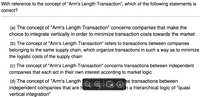 With reference to the concept of "Arm's Length Transaction", which of the following statements is
correct?
(a) The concept of "Arm's Length Transaction" concerns companies that make the
choice to integrate vertically in order to minimize transaction costs towards the market
(b) The concept of "Arm's Length Transaction" refers to transactions between companies
belonging to the same supply chain, which organize transactions in such a way as to minimize
the logistic costs of the supply chain
(c) The concept of "Arm's Length Transaction" concerns transactions between independent
companies that each act in their own interest according to market logic
(d) The concept of "Arm's Length Tansaction" identifies transactions between
independent companies that are however connected in a hierarchical logic of "quasi
vertical integration"
