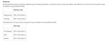 Required:
1. Calculate the activity costs for diagnosing and treating patients. Using the activity costs calculated, calculate the unit cost of servicing each type
of patient using traditional ABC.
Activity rates
Diagnosing Sfill in the blank 1
Treating
Sfill in the blank 2
Calculate the unit cost of servicing each type of patient using traditional ABC.
Unit Cost
No Disease $fill in the blank 3
Mild
$fill in the blank 4
Severe
$fill in the blank 5