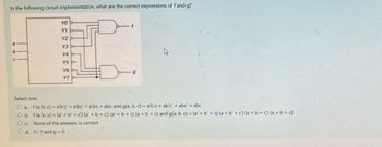 In the following circuit implementation, what are the correct expressions of f and g?
YO
YI
Y2
Y3
Y4
YS
Y6
Y7
Select one:
O fab.d-abc a'be + abc abc and gia. b. d) abc ab'c + abc abc
Ob. fab.dW+b+c) (+b+c) (a+b+c)(a+b) and gla b. c)=(a+b+d(ab+c) (a+b+c) (a+b+d
Oc None of the answers is correct
O d. f 1 and g 0