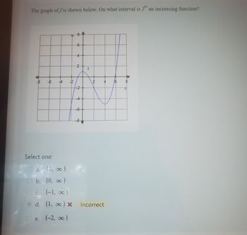 The image contains a problem related to calculus and graph analysis. The text reads:

"The graph of \( f \) is shown below. On what interval is \( f' \) an increasing function?"

A graph is provided which represents a function \( f \). The graph is plotted on a coordinate plane. The x-axis ranges from -8 to 8, and the y-axis ranges from -8 to 8. The curve appears to dip and rise, intersecting the x-axis at two points approximately near -1 and 5. The function decreases initially, forms a minimum, and then increases as it moves rightwards.

Below the graph is a multiple-choice question asking to select the interval where the derivative of \( f \), denoted as \( f' \), is increasing. The options given are:

a. \( (2, \infty) \)

b. \( (0, \infty) \)

c. \( (-1, \infty) \)

d. \( (1, \infty) \) [This option is marked "Incorrect"]

e. \( (-2, \infty) \)

The correct interval is not indicated in the image.