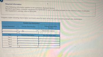 Required information
[The following information applies to the questions displayed below.)
NewTech purchases computer equipment for $258,000 to use in operating activities for the next four years. It estimates
the equipment's salvage value at $26,000.
Prepare a table showing depreciation and book value for each of the four years assuming straight-line depreciation.
Straight-Line Depreciation
Choose Numerator: T
Choose Denominator:
Annual Depreciation
Expense
= Depreciation expense
0
Year
Year 1
Annual Depreciation
Year-End Book Value
Year 2
Year 3
Year 4
Total
$
0